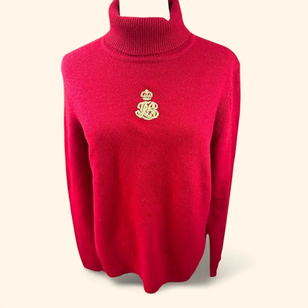 LAUREN Ralph Lauren VTGE Red‎ Cashmere Wool Turtleneck Sweater Crown Logo SZ LGE